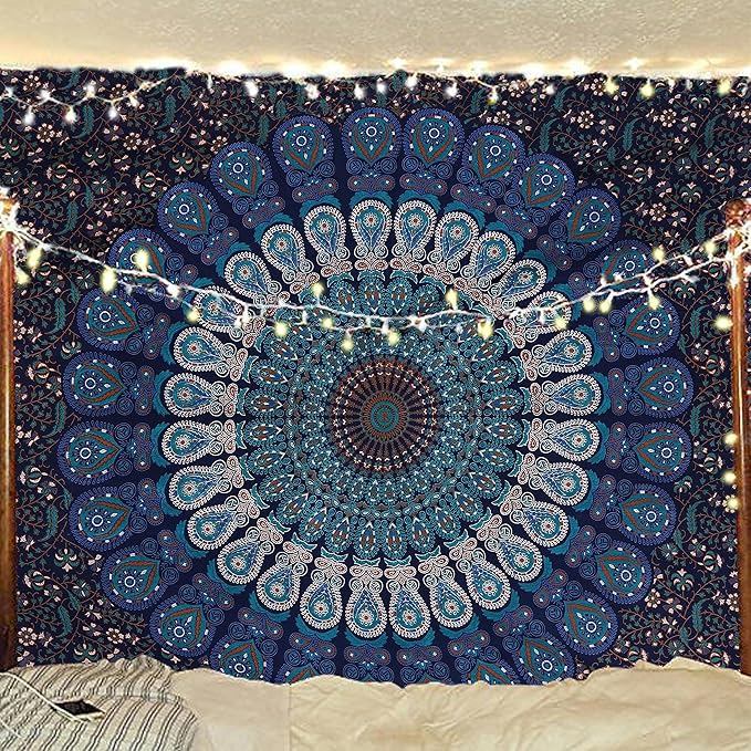 bless international handmade indian hippie bohemian psychedelic peacock mandala wall hanging college dorm beach throws table cloth bedding tapestry (blue green, medium(54x60inches)(137x152cms))