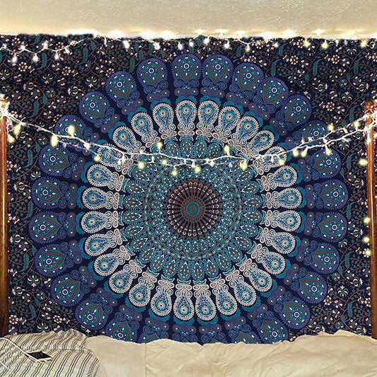 bless international handmade indian hippie bohemian psychedelic peacock mandala wall hanging college dorm beach throws table cloth bedding tapestry (blue green, medium(54x60inches)(137x152cms))