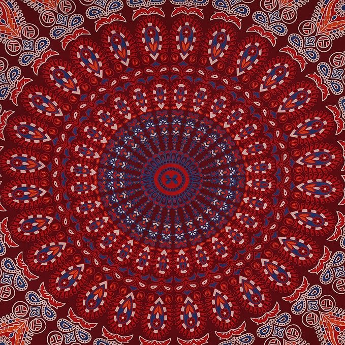 bless international handmade indian hippie bohemian psychedelic peacock mandala wall hanging college dorm beach throws table cloth bedding tapestry (blue red, twin(54x72inches)(140x185cms))