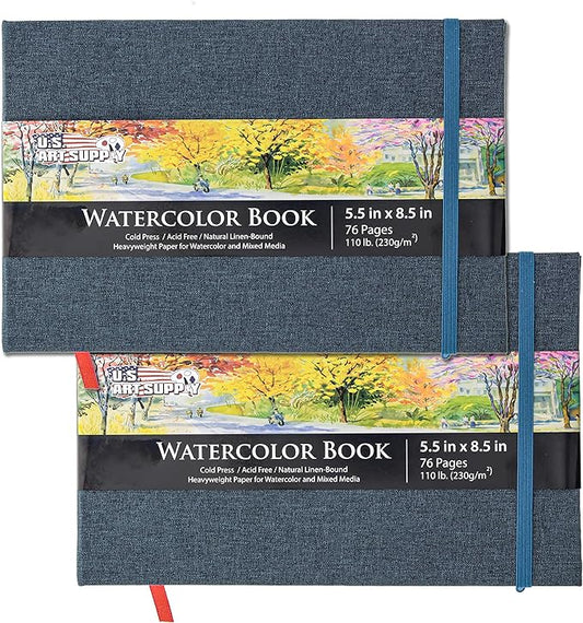 U.S. Art Supply 5.5" x 8.5" Watercolor Book (2 Pack, 76 Sheets Each) - 110lb (230 GSM) Linen-Bound Hardcover Artist Paper Pads - Acid-Free Cold-Pressed Watercolor Paper Pad Mixed Media