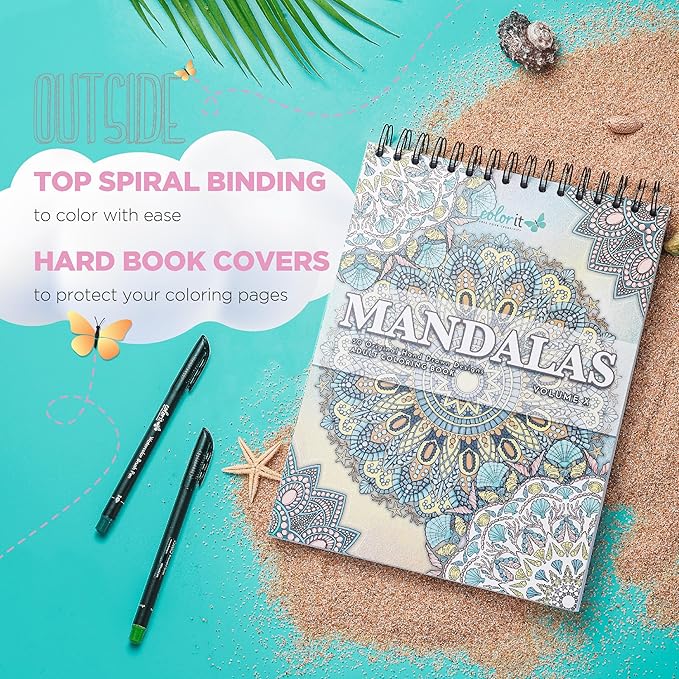 ColorIt Mandalas Volume X Spiral Bound Adult Coloring Book with 50 Mandala Patterns for Relaxation and Stress Relief - Includes Perforated Pages, Thick Paper, Hardback Covers, and Blotter Page