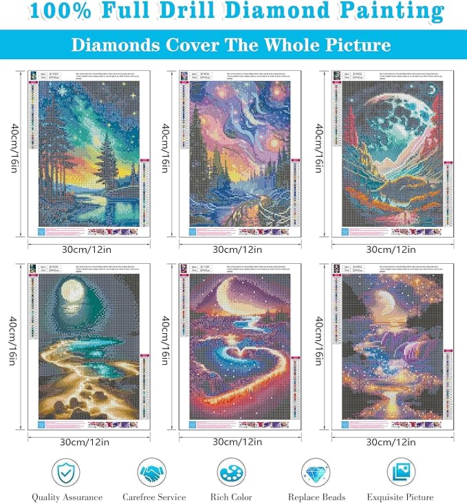 Meothan 6 Pack 5D Diamond Art Painting Kits for Adults Beginners DIY Round Full Drill Diamond Art Kits Moon Beach with Diamonds Gem Art Set for Home Wall Decor 12 x 16 Inch