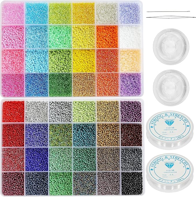Size 2mm Glass Seed Beads 48 Colors Total About 38400pcs,12/0 Small Seed Beads Kit Bracelet Beads with 24-Grid Storage Box for Jewelry Making