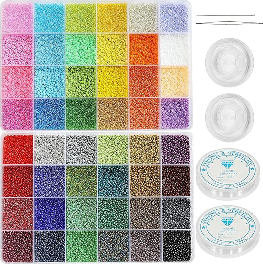 Size 2mm Glass Seed Beads 48 Colors Total About 38400pcs,12/0 Small Seed Beads Kit Bracelet Beads with 24-Grid Storage Box for Jewelry Making