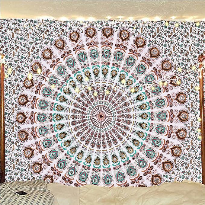 bless international handmade indian hippie bohemian psychedelic peacock mandala wall hanging college dorm beach throws table cloth bedding tapestry (floral gold, queen(84x90inches)(215x230cms))