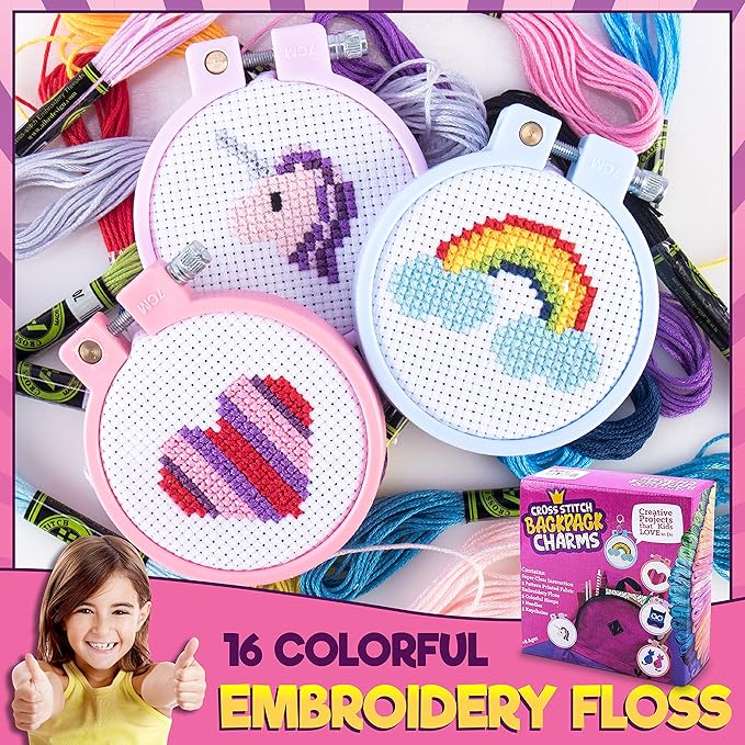CRAFTILOO Cross Stitch Kit for Kids - 5 Easy Stamped Cross Stitch Kits for Beginners | Embroidery Kit for Girls Ages 7-13 | Needlepoint Craft Set, Backpack Charms & Keychains