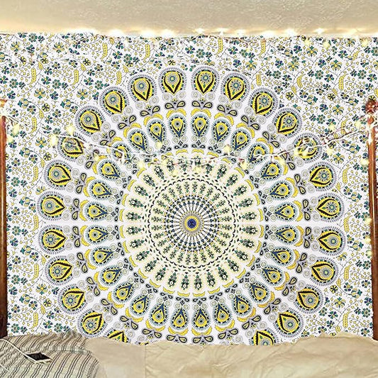 bless international handmade indian hippie bohemian psychedelic peacock mandala wall hanging college dorm beach throws table cloth bedding tapestry (yellow green, twin(54x72inches)(140x185cms))