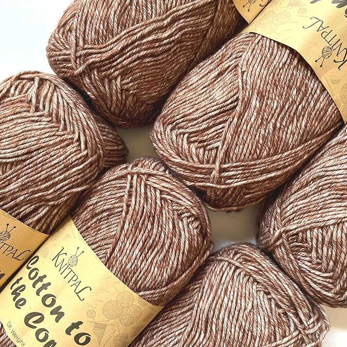 Cotton to The Core Cotton Yarn for Crocheting, 6-Pack (852 Yds / 300G), Free Patterns, Beginners Friendly - Soft Baby Yarn for Knitting - 3 DK Light Worsted Weight - Cocoa Brown