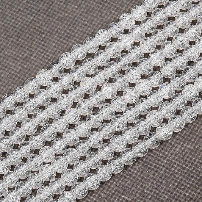 300PCs 6mm White Crackle Glass Beads Bulk, Round Smooth Hole Glass Crystal Beads for Jewelry Making, DIY Bracelets, Necklaces, Bag Charms, Keychains and Craft Projects