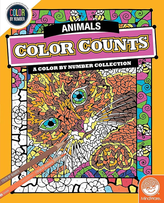 MindWare Color by Number Color Counts Animals - Animal-Themed Coloring Book for Kids and Adults, 22 Hidden-Image Designs, Ages 6 and Up