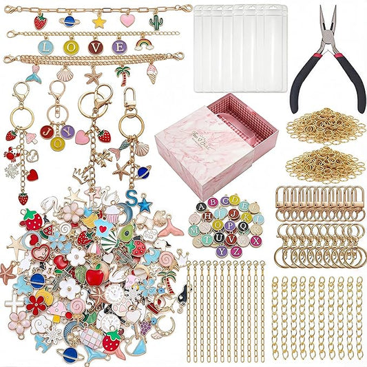 XJlSGXUSG 490Pcs Gold-Tone Charm Bracelet Making Kit – DIY Jewelry Arts & Crafts Gift Box with 126 Enamel Pendants, Pliers, Chains – Unique Birthday Gift Ideas for Teen Girls & Women