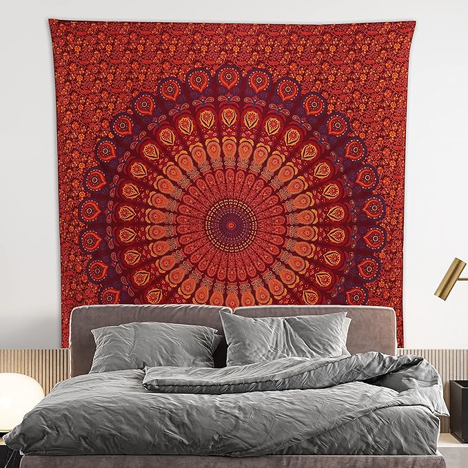 bless international handmade indian hippie bohemian psychedelic peacock mandala wall hanging college dorm beach throws table cloth bedding tapestry (golden brown maroon,