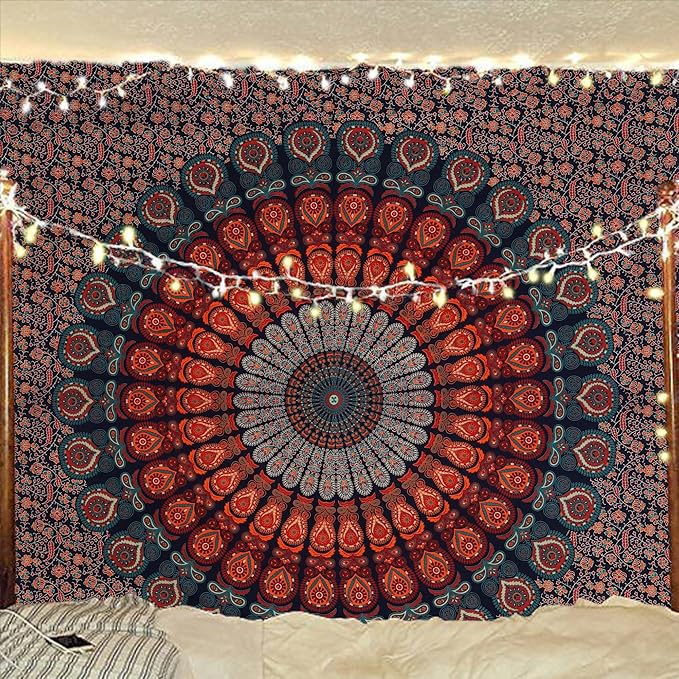 bless international handmade indian hippie bohemian psychedelic peacock mandala wall hanging college dorm beach throws table cloth bedding tapestry (golden blue, queen(84x90inches)(215x230cms))