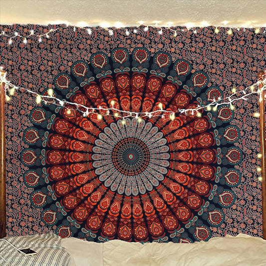 bless international handmade indian hippie bohemian psychedelic peacock mandala wall hanging college dorm beach throws table cloth bedding tapestry (golden blue, queen(84x90inches)(215x230cms))