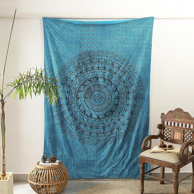 popular handicrafts twin mandala hippie tie dye psychedelic elephant tapestry wall hanging - indian maditation gypsy bohemian hippy dorm room decor tarqouise 82x54 inch