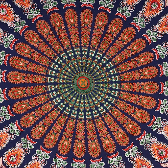 bless international handmade indian hippie bohemian psychedelic peacock mandala wall hanging college dorm beach throws table cloth bedding tapestry (golden red green, king(88x104inches)(225x265cms))