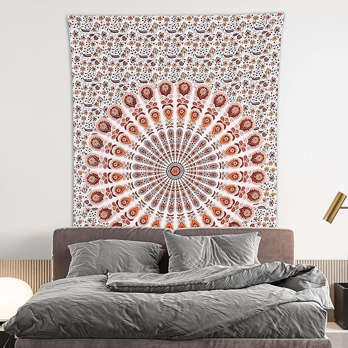 bless international handmade indian hippie bohemian psychedelic peacock mandala wall hanging college dorm beach throws table cloth bedding tapestry (orange brown, poster(30x40inches)(76x101cms))