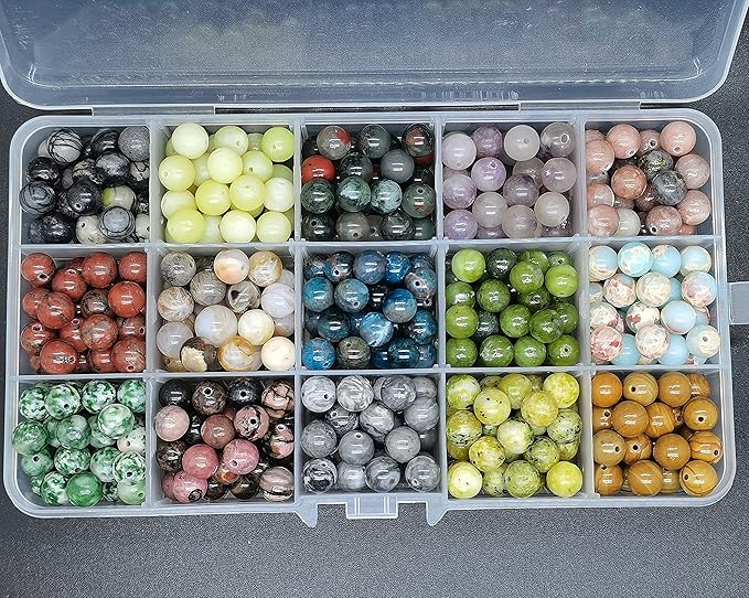 Yephac 450pcs 8mm Natural Round Stone Beads-Loose Gemstone Beading-Hole Size 1mm for Jewelry Making,Box Packed (15 Material-3,8mm)