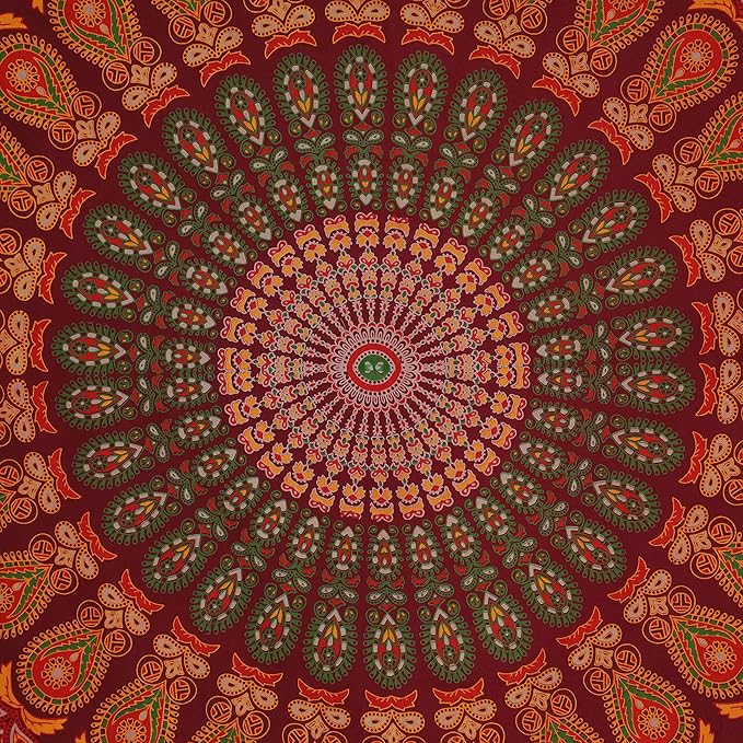 bless international handmade indian hippie bohemian psychedelic peacock mandala wall hanging college dorm beach throws table cloth bedding tapestry (maroon yellow, queen(84x90inches)(215x230cms))