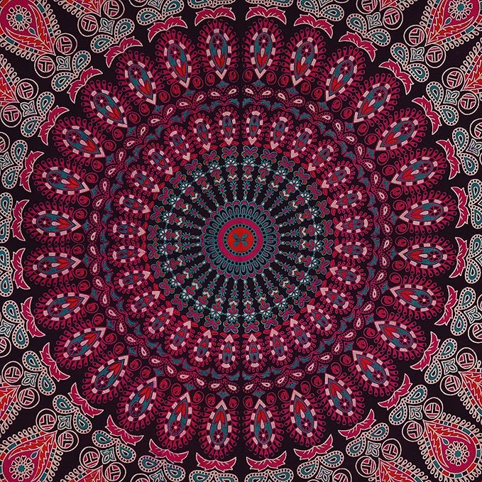 bless international handmade indian hippie bohemian psychedelic peacock mandala wall hanging college dorm beach throws table cloth bedding tapestry (purple pink, twin(54x72inches)(140x185cms))