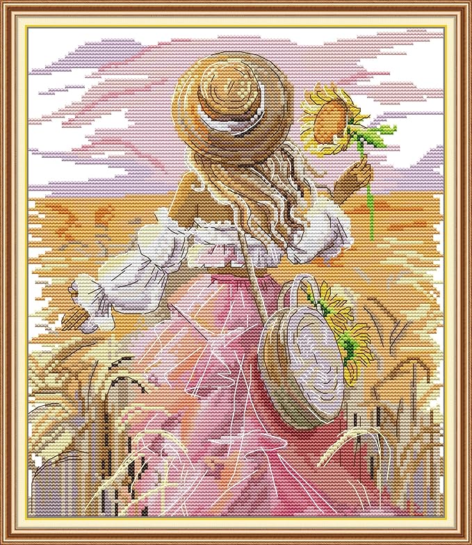 CaptainCrafts New Cross Stitch Kits Embroidery Kit Full Range Pre-Printed and Counted Fabrics Kits for Adults Beginners Home Decor (White Cloth Unpreprint 14CT, Sunflower Girl)