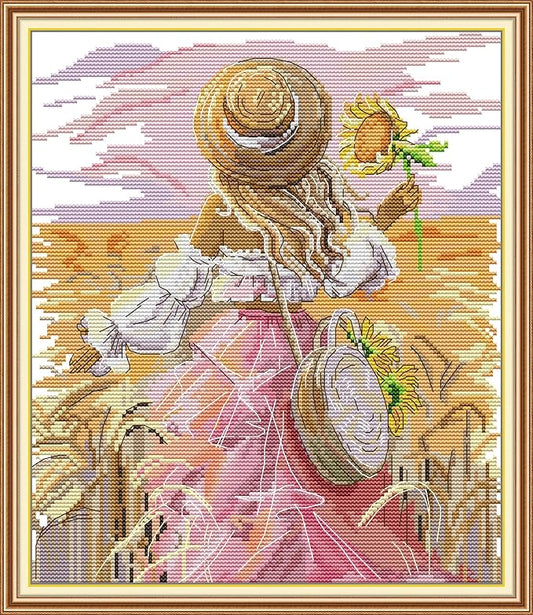 CaptainCrafts New Cross Stitch Kits Embroidery Kit Full Range Pre-Printed and Counted Fabrics Kits for Adults Beginners Home Decor (Stamped 14CT, Sunflower Girl)