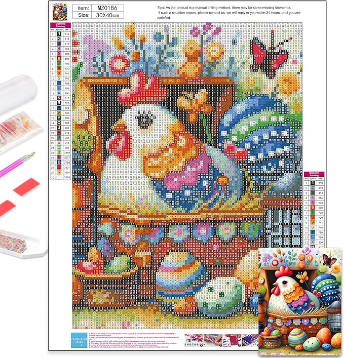Axquilon Easter Chicken Diamond Art Kits for Adults-Easter Eggs Diamond Painting Kits for Adults, DIY 5D Spring Full Drill Gem Art Crafts Kits for Home Wall Decor 12x16 in
