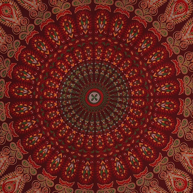 bless international handmade indian hippie bohemian psychedelic peacock mandala wall hanging college dorm beach throws table cloth bedding tapestry (maroon yellow, medium(54x60inches)(137x152cms))