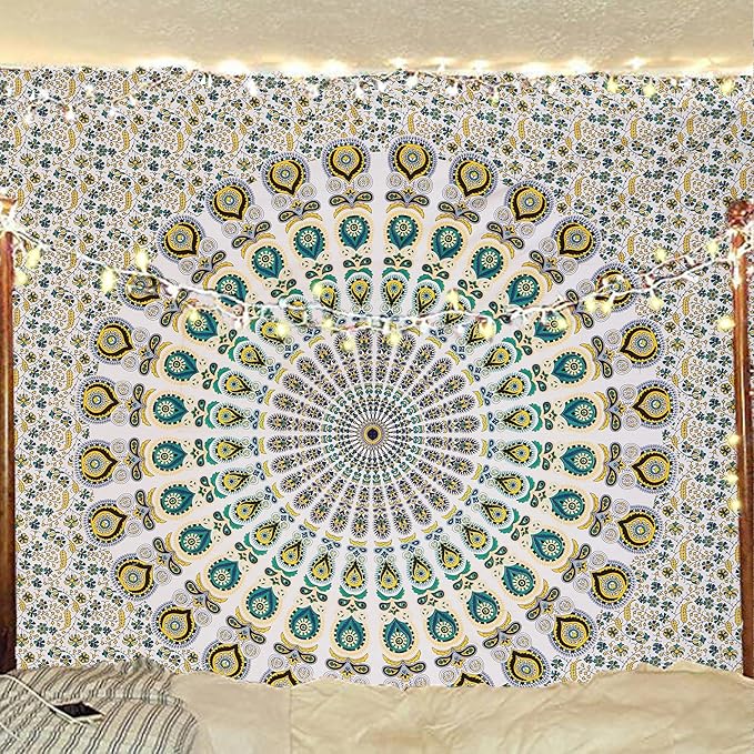 bless international handmade indian hippie bohemian psychedelic peacock mandala wall hanging college dorm beach throws table cloth bedding tapestry (yellow green, queen(84x90inches)(215x230cms))