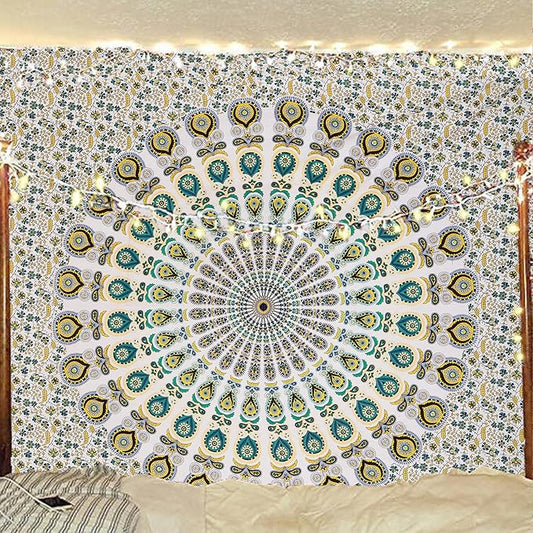 bless international handmade indian hippie bohemian psychedelic peacock mandala wall hanging college dorm beach throws table cloth bedding tapestry (yellow green, queen(84x90inches)(215x230cms))