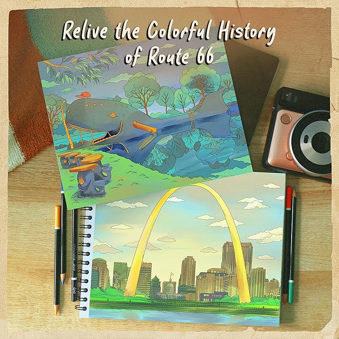 ColorIt Route 66 Adult Coloring Book, 50 Iconic Stops, Sights, and Signs Along America’s Main Street, Printed on Thick Paper with Spiral Binding, Hardback Book Cover, Perforated Edges, and Ink Blotter