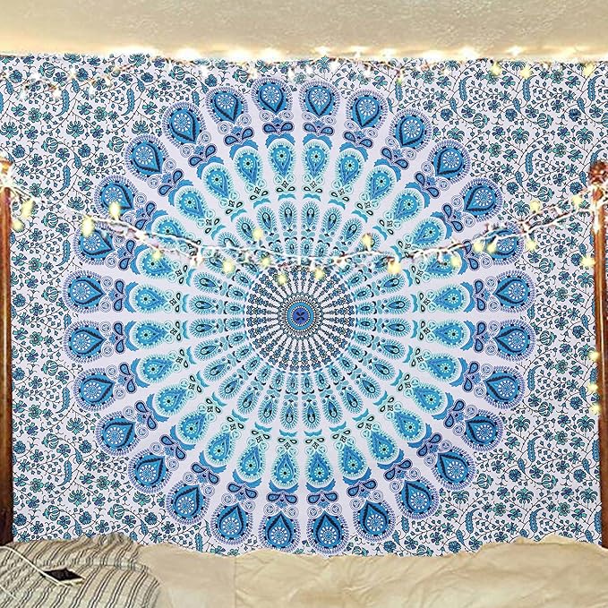 bless international handmade indian hippie bohemian psychedelic peacock mandala wall hanging college dorm beach throws table cloth bedding tapestry (peacock sky blue, twin(54x72inches)(140x185cms))
