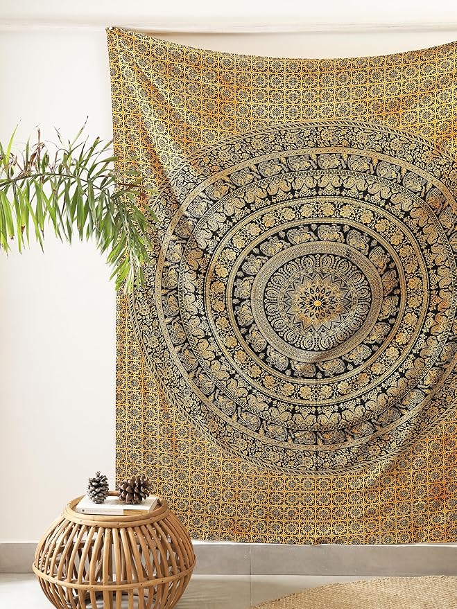 popular handicrafts mandala hippie tie dye psychedelic elephant tapestry wall hanging - indian maditation gypsy bohemian hippy dorm room decor yellow 60x54 inch