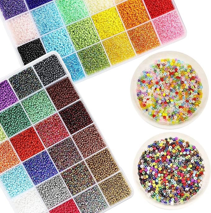 Size 2mm Seed Beads 48 Colors in Grid Storage Box Total About 36000pcs,12/0 Small Seed Beads with Rings,Claw Clasps,Elastic String and Alphabet Letter Beads for Bracelet Jewelry Making