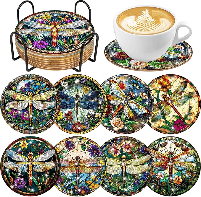 Dragonfly Diamond Art Coasters Kit, 8 Pcs Stained Glass Style Diamond Painting Coaster for Adults Beginners, Coaster Making Kits with Holder Cork Pads, DIY Project for Home Christmas Ornaments Gifts
