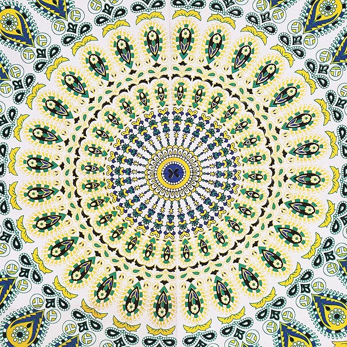 bless international handmade indian hippie bohemian psychedelic peacock mandala wall hanging college dorm beach throws table cloth bedding tapestry (yellow green, twin(54x72inches)(140x185cms))