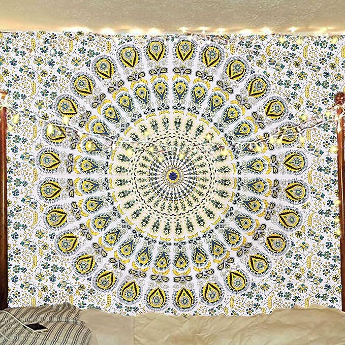 bless international handmade indian hippie bohemian psychedelic peacock mandala wall hanging college dorm beach throws table cloth bedding tapestry (yellow green, twin(54x72inches)(140x185cms))