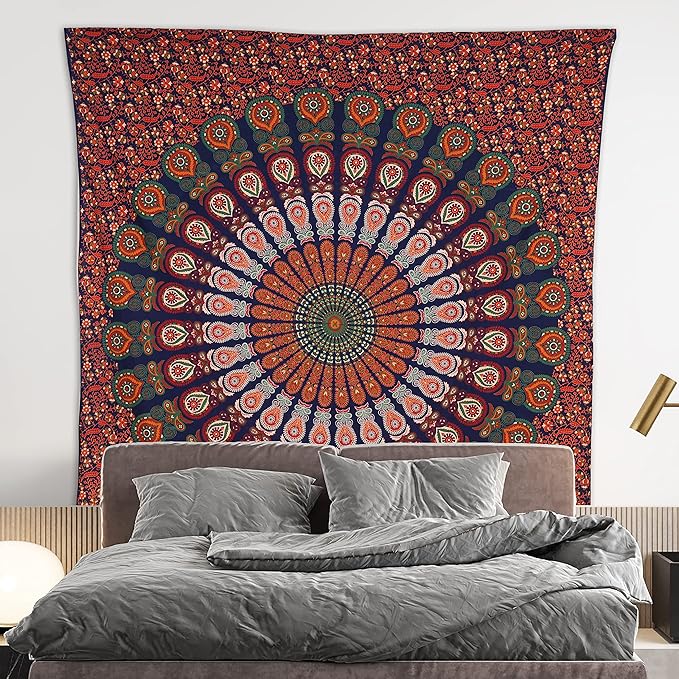 bless international handmade indian hippie bohemian psychedelic peacock mandala wall hanging college dorm beach throws table cloth bedding tapestry (golden red green, king(88x104inches)(225x265cms))