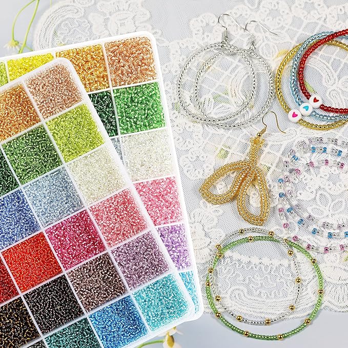 2mm Sliver Lined Glass Seed Beads About 24000pcs in Storage Box,12/0 Small Craft Seed Beads for Jewelry Making (1000Pcs Per Color, 24 Colors)