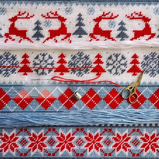 Brvsk Seasonal Needlepoint Kit for Adults and Beginners — Winter Deer 16″ × 16″ with Clear, Precise Printed Design on Cotton Canvas; Includes 2 Needles, Yarn, and Easy-Read Chart