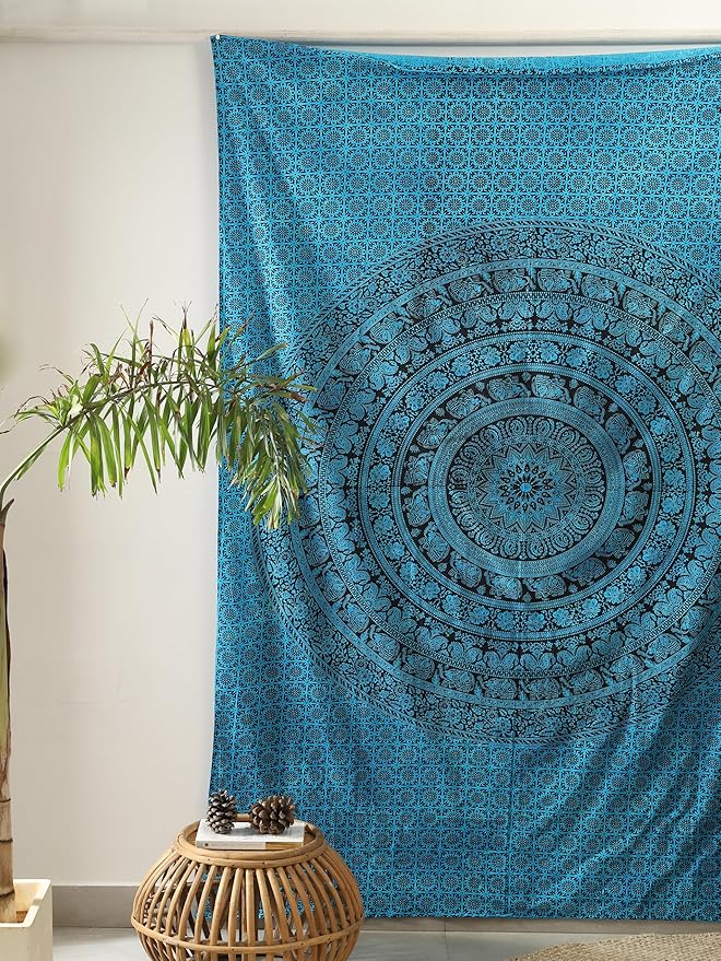 popular handicrafts twin mandala hippie tie dye psychedelic elephant tapestry wall hanging - indian maditation gypsy bohemian hippy dorm room decor tarqouise 82x54 inch