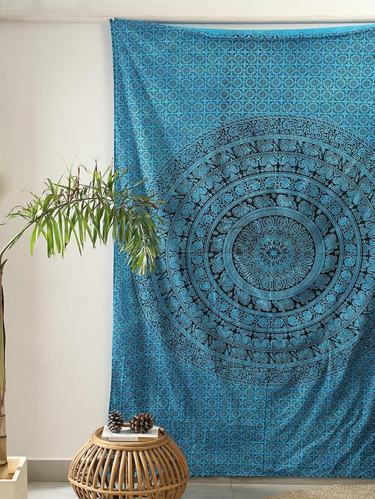 popular handicrafts twin mandala hippie tie dye psychedelic elephant tapestry wall hanging - indian maditation gypsy bohemian hippy dorm room decor tarqouise 82x54 inch