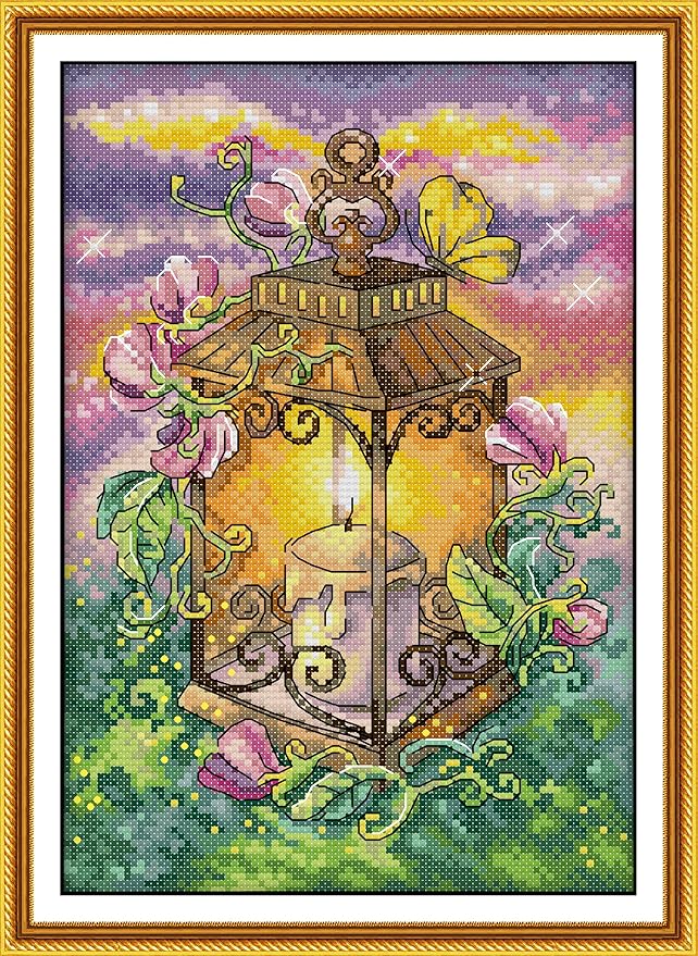 CaptainCrafts New Cross Stitch Kits Embroidery Kit Full Range Pre-Printed and Counted Fabrics Kits for Adults Beginners Home Decor (Stamped 11CT, Summer Lantern)