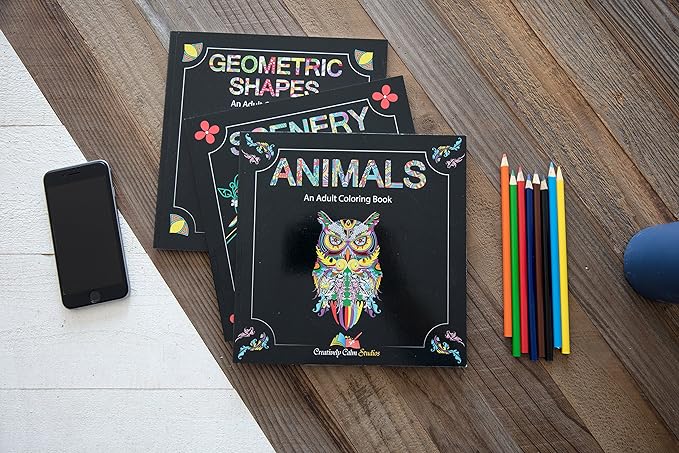 Set of 3 Adult Coloring Books, Animals, Scenery & Mandalas Designs - 120 Unique Images! 8.5 in. x 8.5 in. Pages