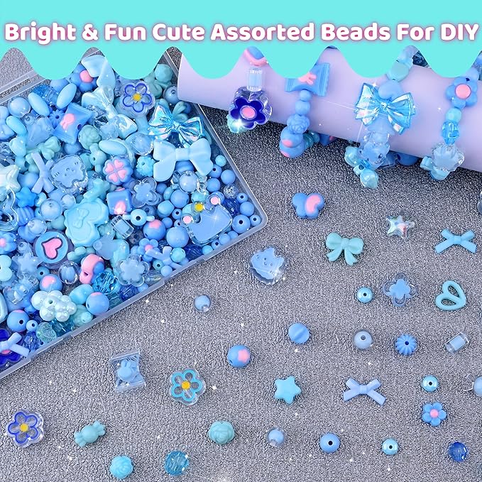 Omiposs 300Pcs Acrylic Beads for Bracelet Making with Cute Kawaii Charms, Beads & Assortments for Friendship Bracelets, Jewelry Making DIY Necklace Keychain Phone Charm Craft Gifts (Blue)