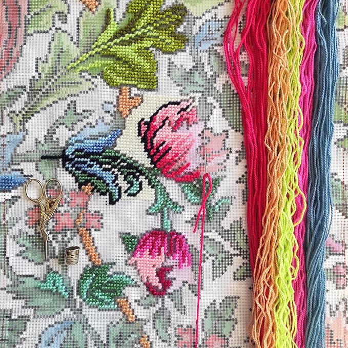 Brvsk Floral Embroidery Kit for Adults and Beginners — Derwent by John Henry Dearle 16″ × 16″ with Clear, Precise Printed Design on Cotton Canvas; Includes 2 Needles, Yarn, and Easy-Read Chart