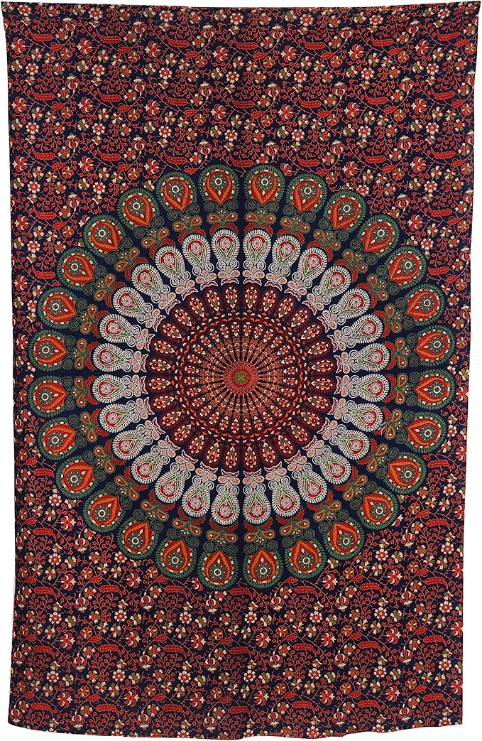 bless international handmade indian hippie bohemian psychedelic peacock mandala wall hanging college dorm beach throws table cloth bedding tapestry (golden red green, twin(54x72inches)(140x185cms))