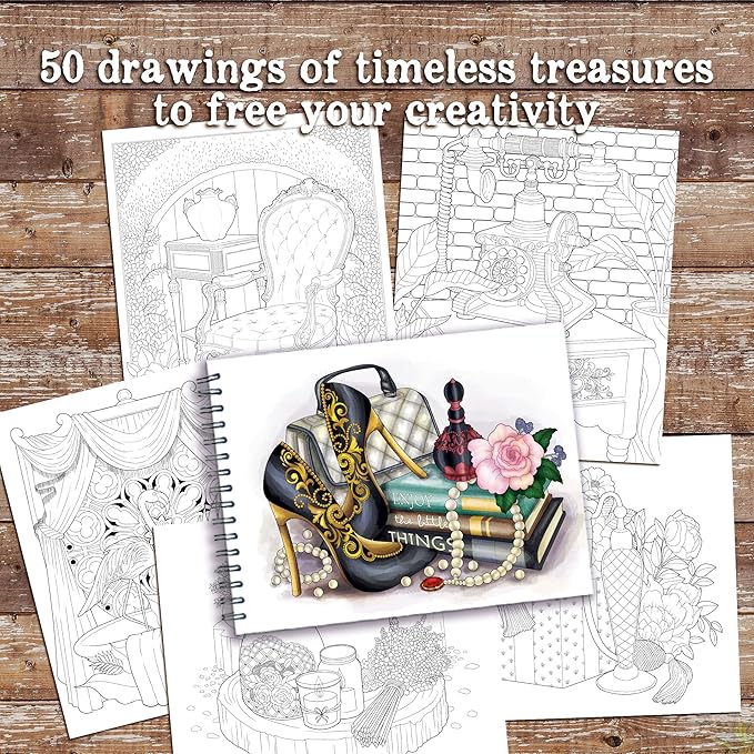 ColorIt Timeless Treasures: Antiques, Vintage Finds, and Classic Home Decor Adult Coloring Book, 50 Original Drawings, Spiral Binding, USA Printed, Lay Flat Hardback Book Cover, Ink Blotter Paper