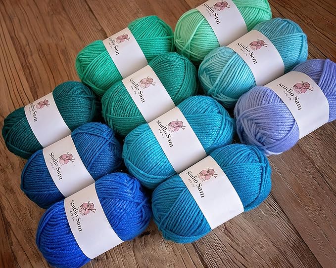 Studio Sam Acrylic Yarn Set. Ten Large 50g Skeins. Total 1030 Yards. for All Knitting, Crochet and Craft Projects. Blue and Green (Sea Glass Collection)
