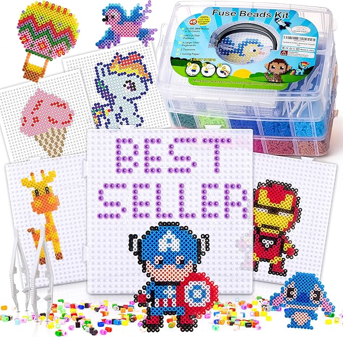 xxl fuse beads kit, melty melting beads for kids crafts | iron for kids kit - fuse pegboards. compatible bulk beados storage - 22000pcs 5mm